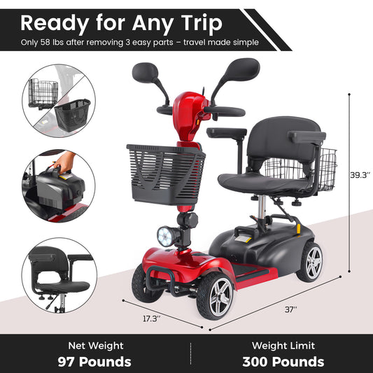 4 Wheel Mobility Scooter for Seniors&Adults - Up to 30 Miles Range,Foldable Powered Electric Wheelchair Device w/600WH Battery,Only 58 lb Weight, Dual Basket, 300 lb Capacity, Compact