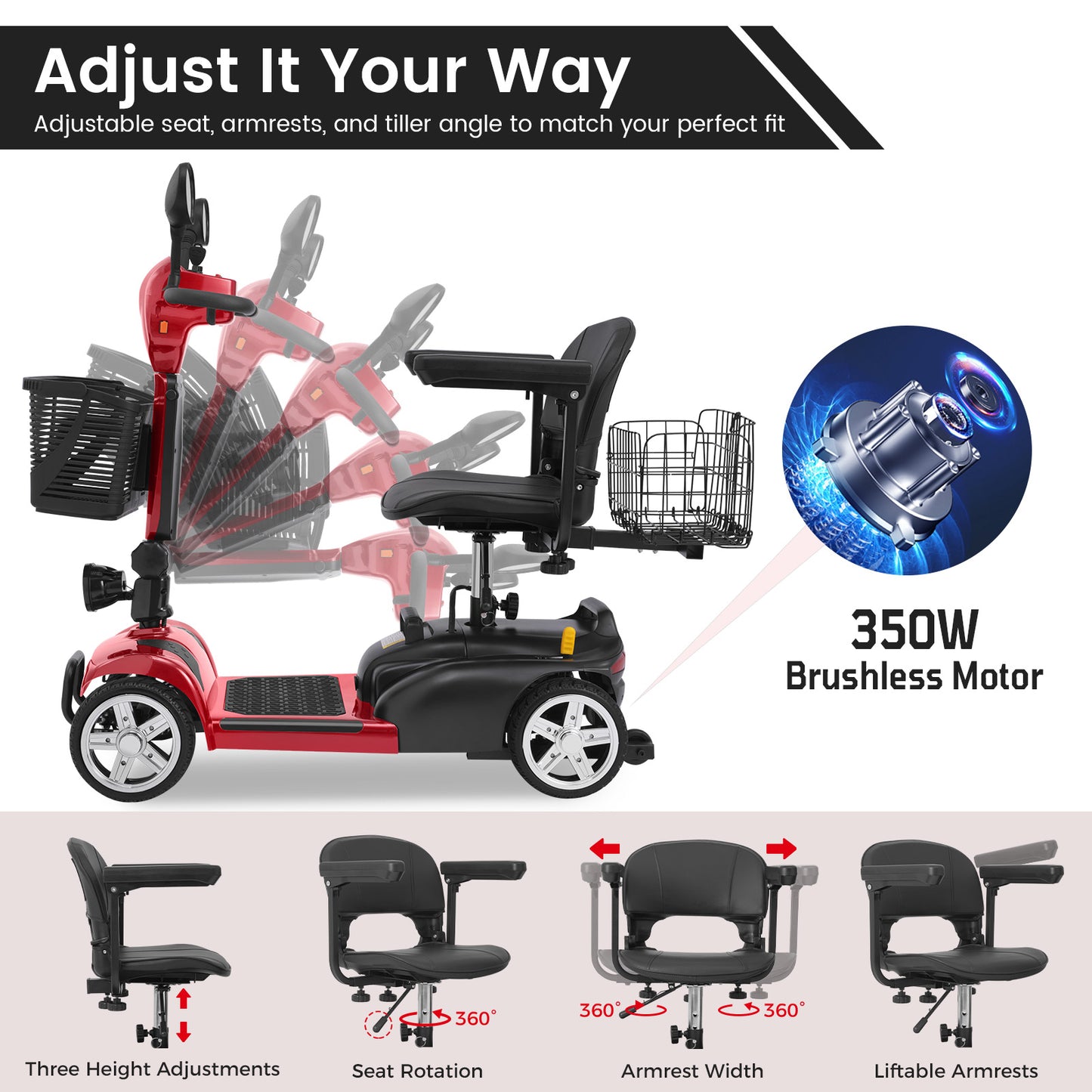 4 Wheel Mobility Scooter for Seniors&Adults - Up to 30 Miles Range,Foldable Powered Electric Wheelchair Device w/600WH Battery,Only 58 lb Weight, Dual Basket, 300 lb Capacity, Compact