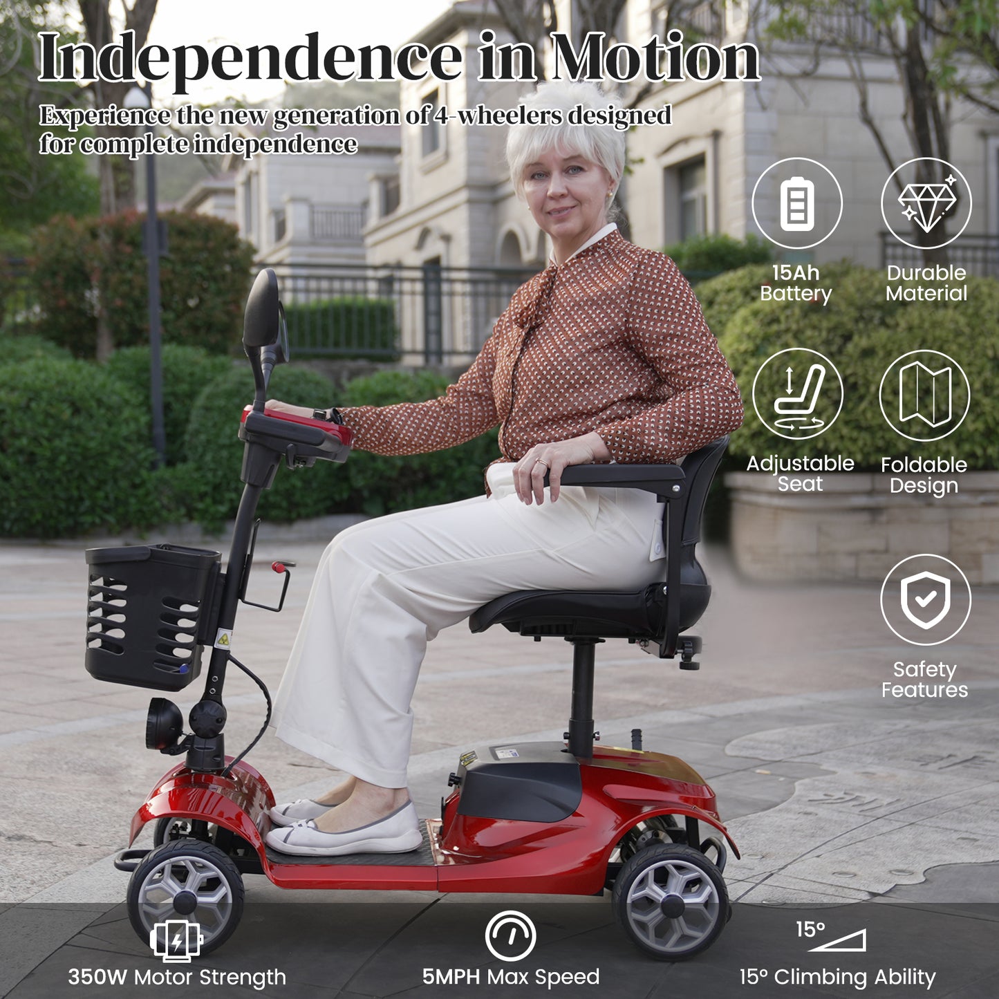 MS08 4-Wheel Mobility Scooter for Adults/Seniors, 15 Miles Range, 350W Motor, 360WH Battery, 330LBS Capacity, Rotating Seat, Cup Holder, Compact & Portable for Elderly
