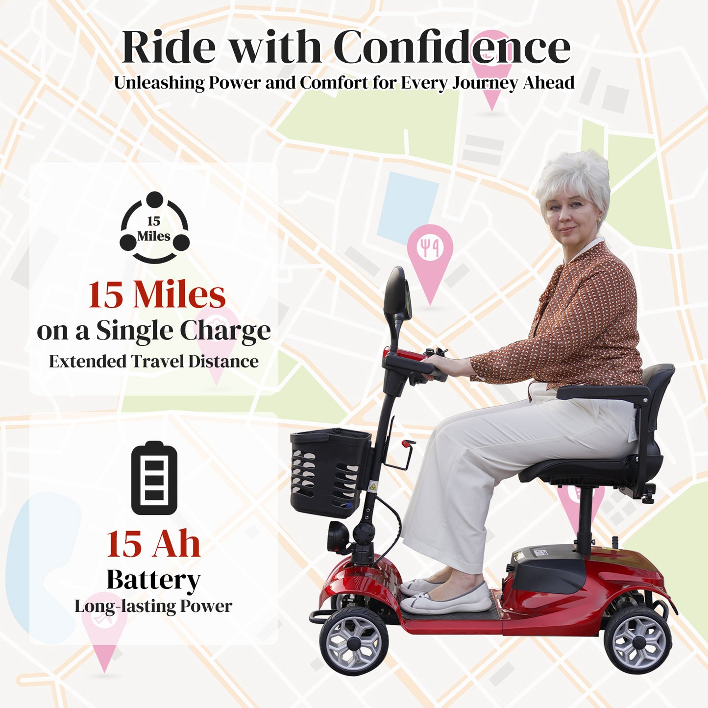 MS08 4-Wheel Mobility Scooter for Adults/Seniors, 15 Miles Range, 350W Motor, 360WH Battery, 330LBS Capacity, Rotating Seat, Cup Holder, Compact & Portable for Elderly
