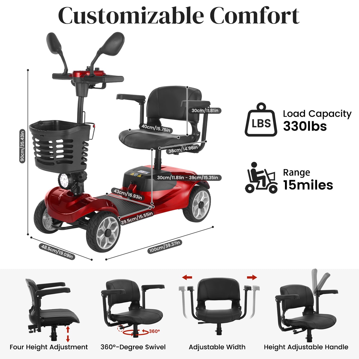 MS08 4-Wheel Mobility Scooter for Adults/Seniors, 15 Miles Range, 350W Motor, 360WH Battery, 330LBS Capacity, Rotating Seat, Cup Holder, Compact & Portable for Elderly