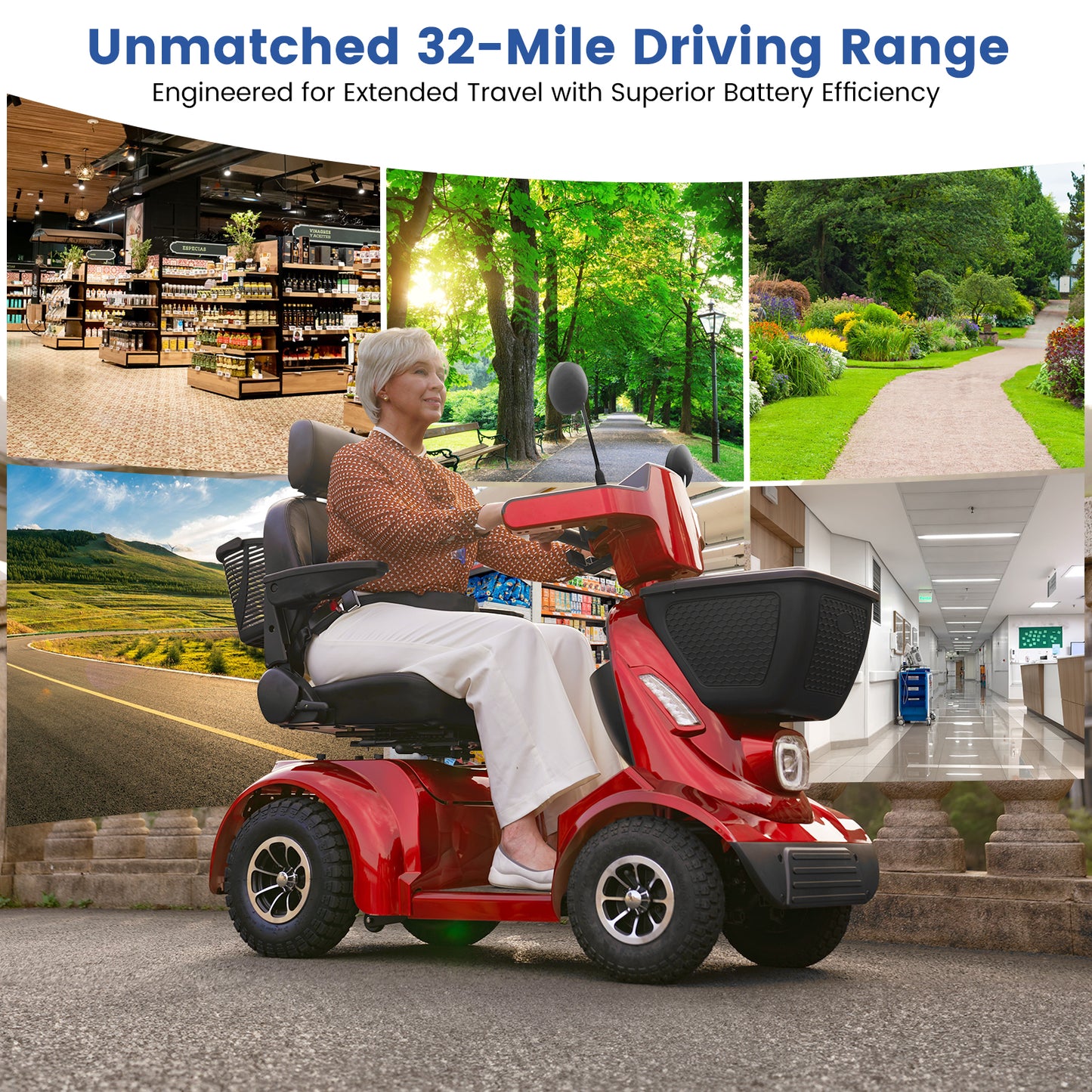 MS09 MAX All Terrain Mobility Scooter for Adults & Seniors 1000W Electric Powered Wheelchair with 32 Mile Range, 500LBS Load Capacity, Off-Road Suspension