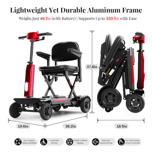 4 Wheel Mobility Scooter for Seniors & Adults, 46 lbs Ultra Lightweight Folding Electric Powered Wheelchair w/Lithium Batteries 20/30 Mile Range - All Terrain Motorized, with Basket, Compact