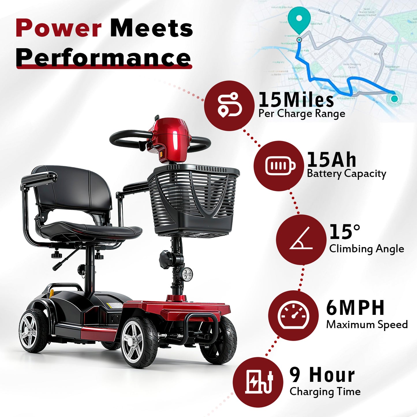 MobiCyc MS08s Mobility Scooters for Seniors & Adults 15Miles 4-Wheel Foldable Powered Electric Wheelchair Device w/360WH Battery, 300 lbs Capacity, with USB Port, Detachable Baskets, Compact