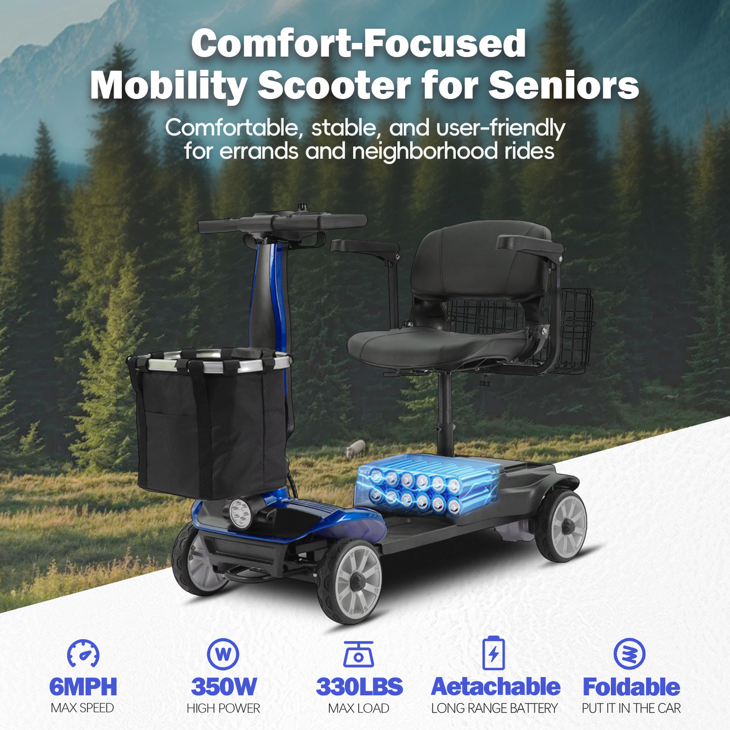 4-Wheel Mobility Scooter for Adults/Seniors, 15 Miles Range, 350W Motor, 360WH Battery, 330LBS Capacity, Rotating Seat, Cup Holder, Compact & Portable for Elderly