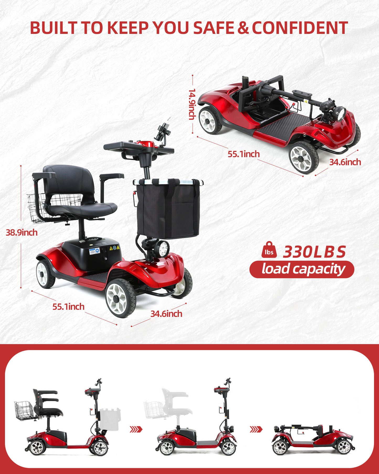 MS08 4-Wheel Mobility Scooter for Adults & Seniors, 15 Miles Removable Battery, 330 lbs Capacity, 350W Motor, Front/Rear Baskets, Phone Holder & Cup Holder, Compact(NEW)
