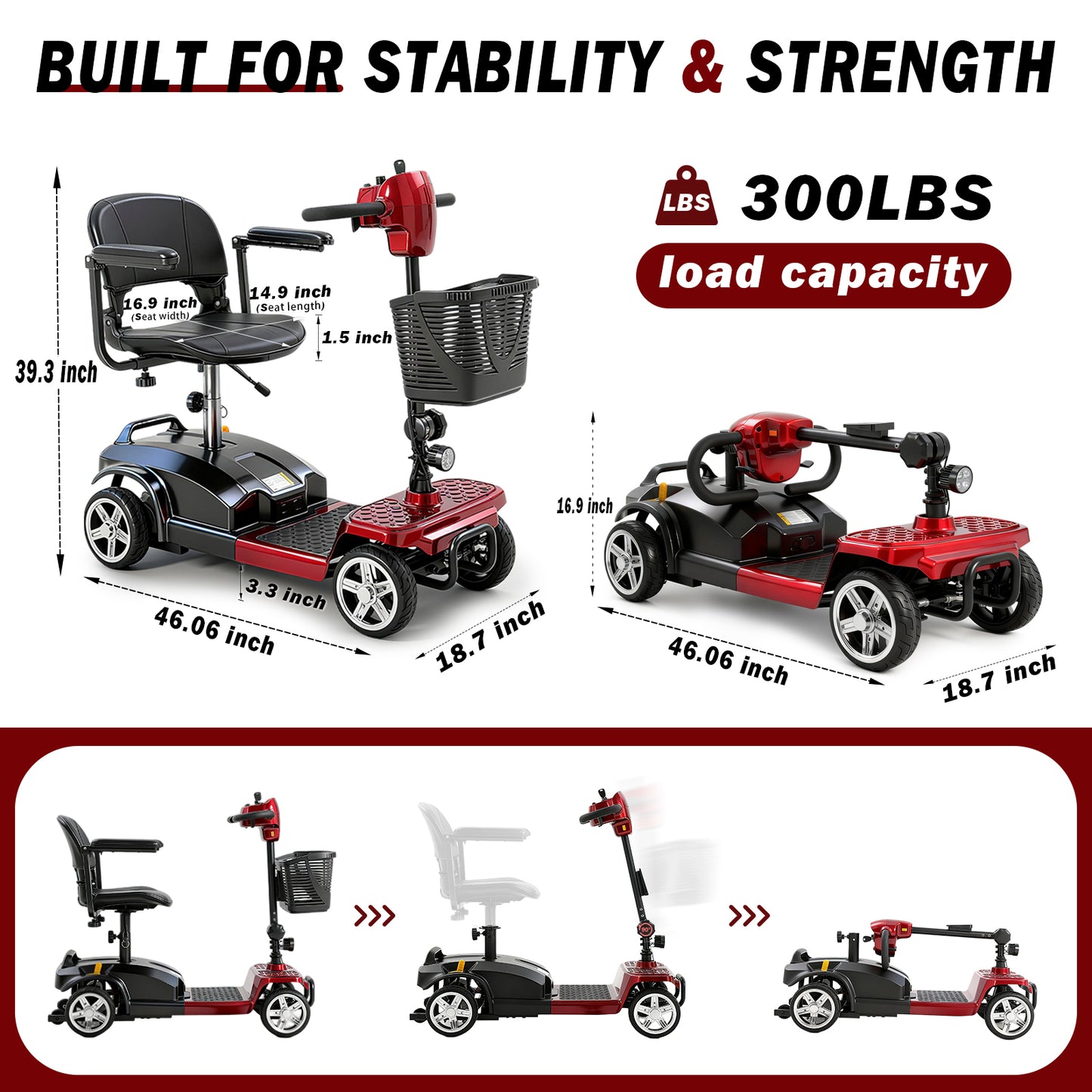 MobiCyc MS08s Mobility Scooters for Seniors & Adults 15Miles 4-Wheel Foldable Powered Electric Wheelchair Device w/360WH Battery, 300 lbs Capacity, with USB Port, Detachable Baskets, Compact