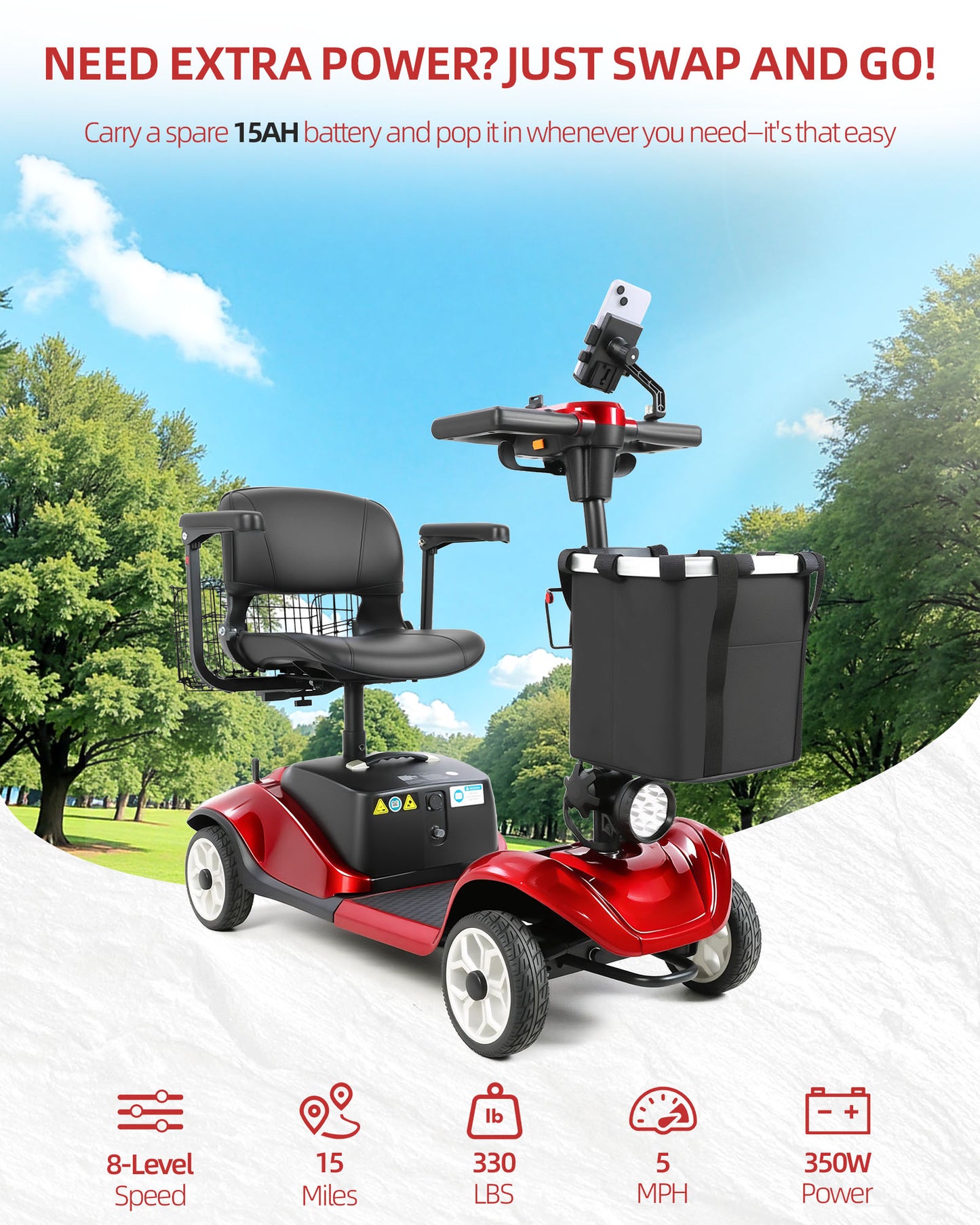 MS08 4-Wheel Mobility Scooter for Adults & Seniors, 15 Miles Removable Battery, 330 lbs Capacity, 350W Motor, Front/Rear Baskets, Phone Holder & Cup Holder, Compact(NEW)