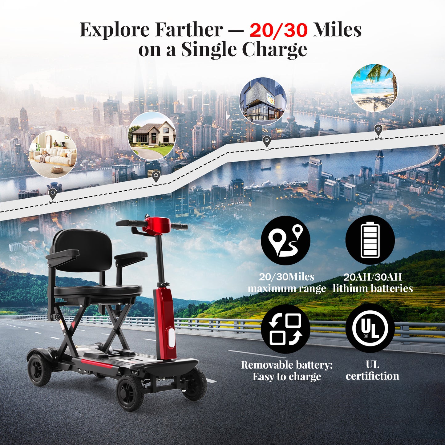 4 Wheel Mobility Scooter for Seniors & Adults, 46 lbs Ultra Lightweight Folding Electric Powered Wheelchair w/Lithium Batteries 20/30 Mile Range - All Terrain Motorized, with Basket, Compact