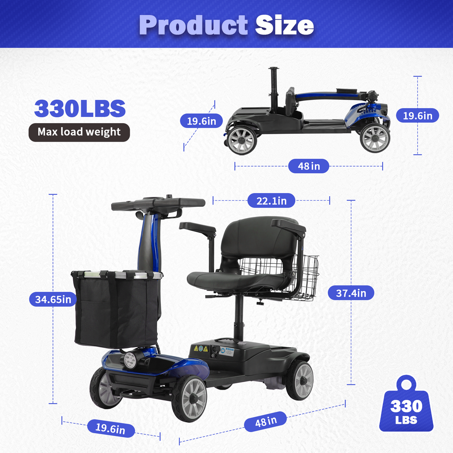 4-Wheel Mobility Scooter for Adults/Seniors, 15 Miles Range, 350W Motor, 360WH Battery, 330LBS Capacity, Rotating Seat, Cup Holder, Compact & Portable for Elderly