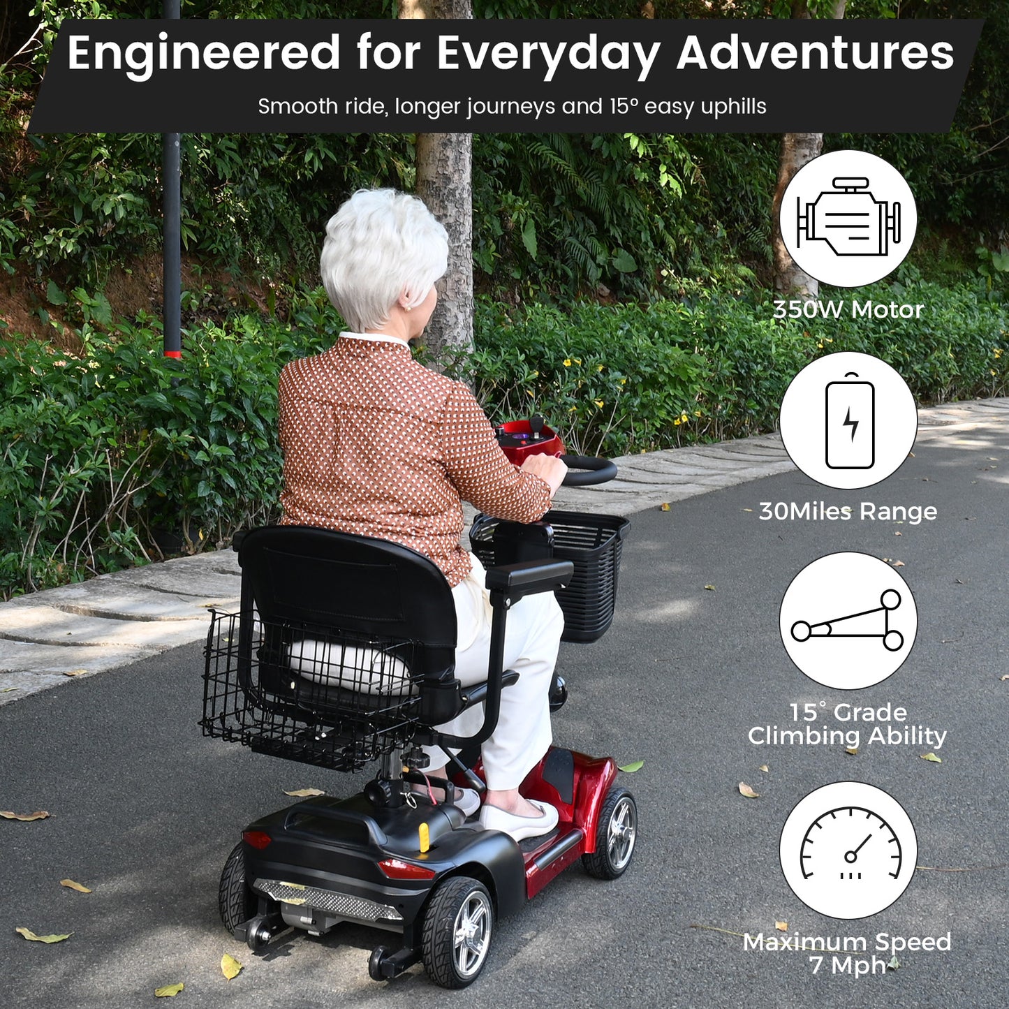 4 Wheel Mobility Scooter for Seniors&Adults - Up to 30 Miles Range,Foldable Powered Electric Wheelchair Device w/600WH Battery,Only 58 lb Weight, Dual Basket, 300 lb Capacity, Compact