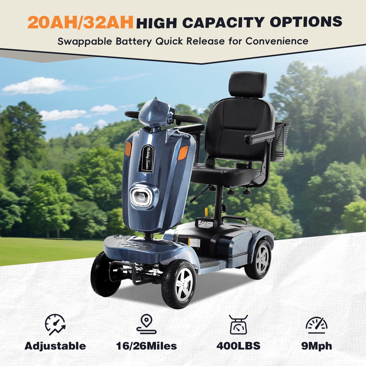 Heavy Duty Mobility Scooter for Adults & Seniors, 500W Motor, 20/30 Miles Long Range, 450 LBS Capacity, Removable Lithium Battery, 10" All-Terrain Tires, with Windshield & Suspension