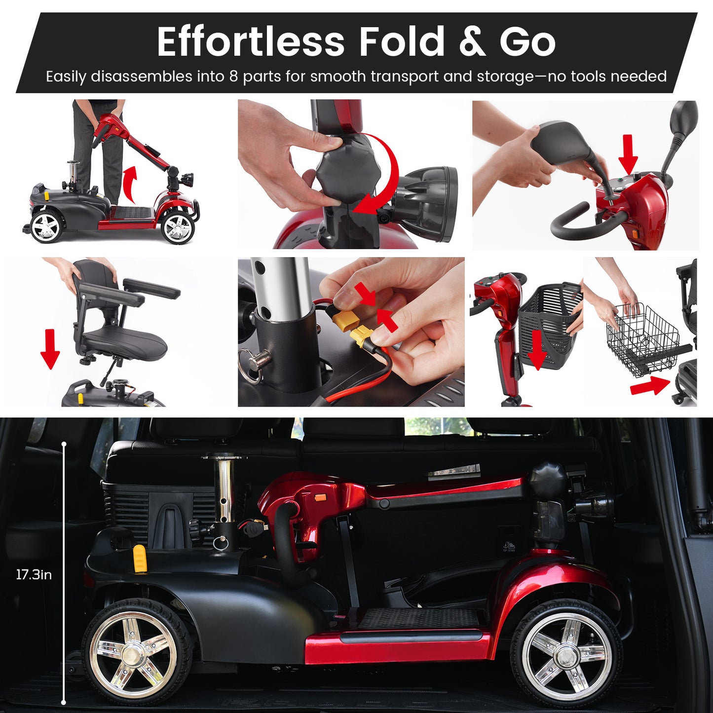 4 Wheel Mobility Scooter for Seniors&Adults - Up to 30 Miles Range,Foldable Powered Electric Wheelchair Device w/600WH Battery,Only 58 lb Weight, Dual Basket, 300 lb Capacity, Compact