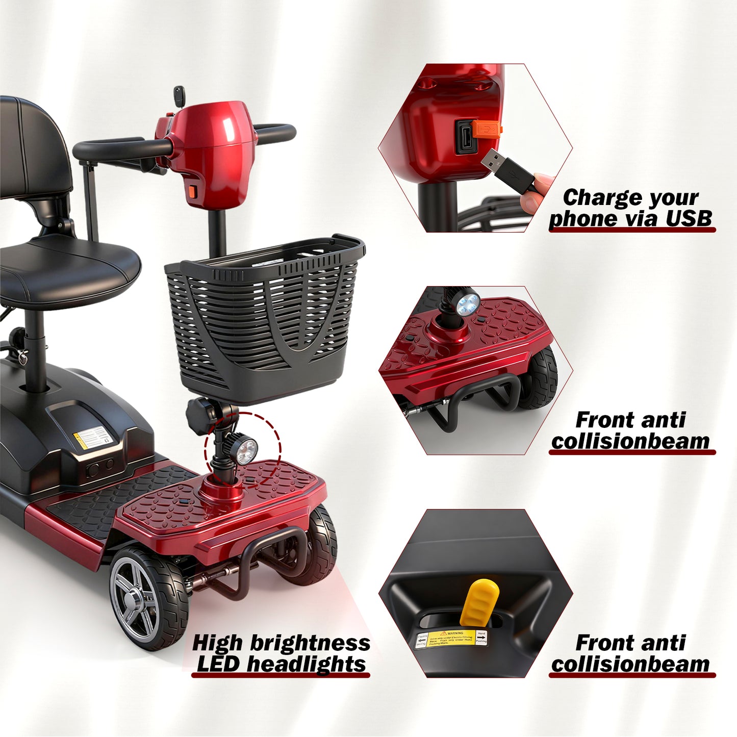 MobiCyc MS08s Mobility Scooters for Seniors & Adults 15Miles 4-Wheel Foldable Powered Electric Wheelchair Device w/360WH Battery, 300 lbs Capacity, with USB Port, Detachable Baskets, Compact