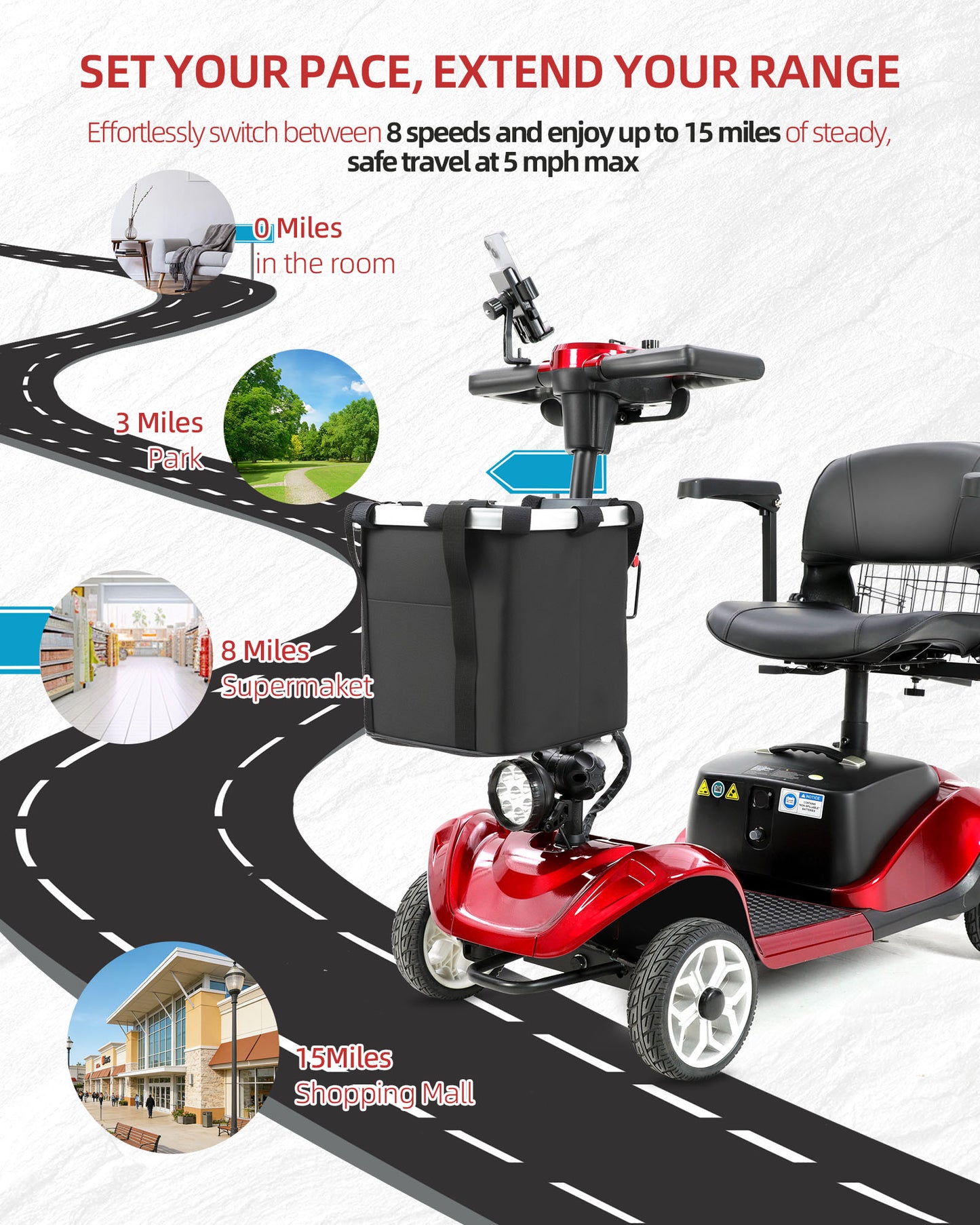 MS08 4-Wheel Mobility Scooter for Adults & Seniors, 15 Miles Removable Battery, 330 lbs Capacity, 350W Motor, Front/Rear Baskets, Phone Holder & Cup Holder, Compact(NEW)