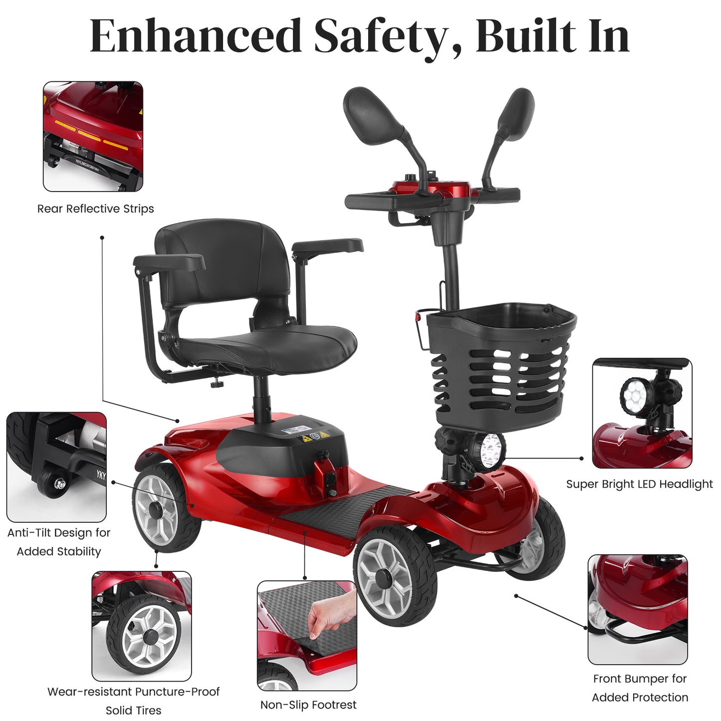 MS08 4-Wheel Mobility Scooter for Adults/Seniors, 15 Miles Range, 350W Motor, 360WH Battery, 330LBS Capacity, Rotating Seat, Cup Holder, Compact & Portable for Elderly