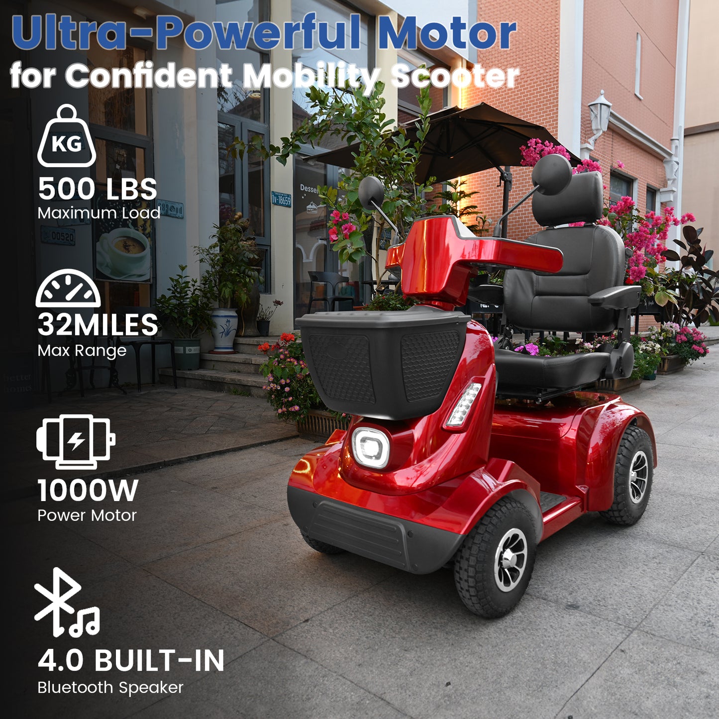 MS09 MAX All Terrain Mobility Scooter for Adults & Seniors 1000W Electric Powered Wheelchair with 32 Mile Range, 500LBS Load Capacity, Off-Road Suspension
